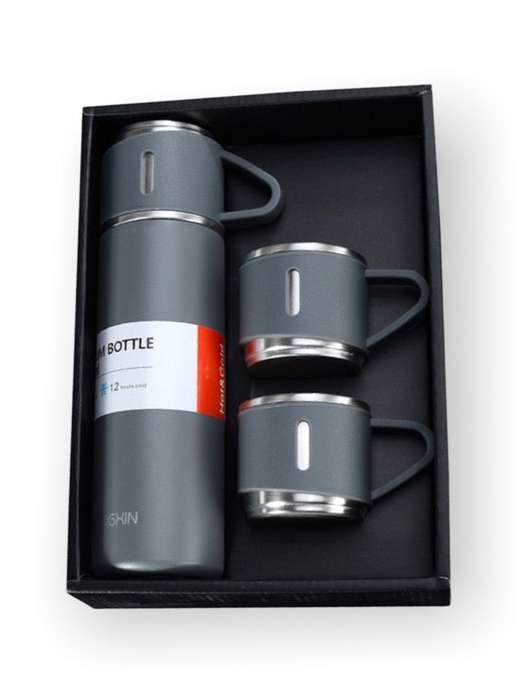 500ml Vacuum Thermos Flask With 3 Cups Set - Grey