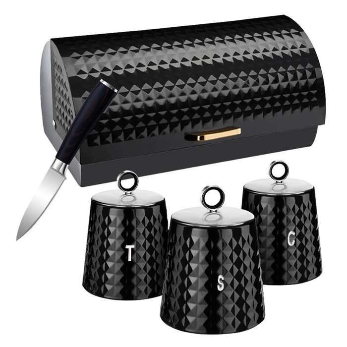 High Quality Bread Bin Canisters Kitchen Set With FREE Knife- Black