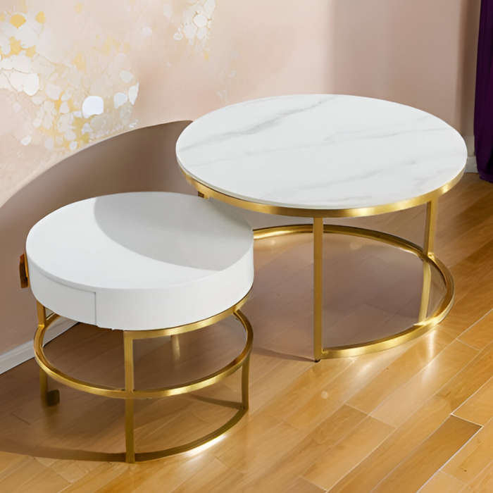 Modern Nesting Round End Coffee Table and Table with Drawer