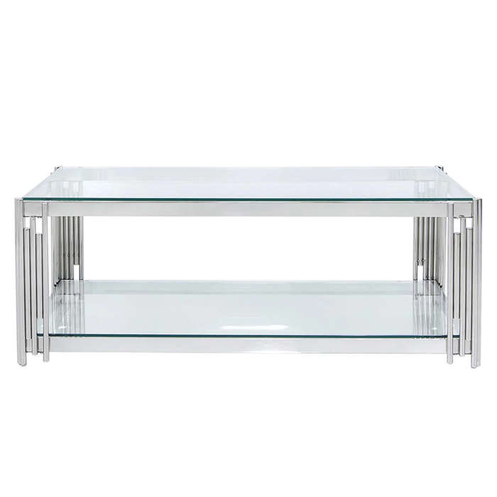 Coffee Tables -RectangularClear Tempered Glass Top with Steel Frame-Silver