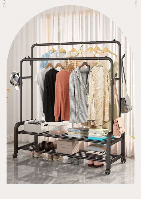 Wheeled Double Pole Clothes Drying & Shoe Rack