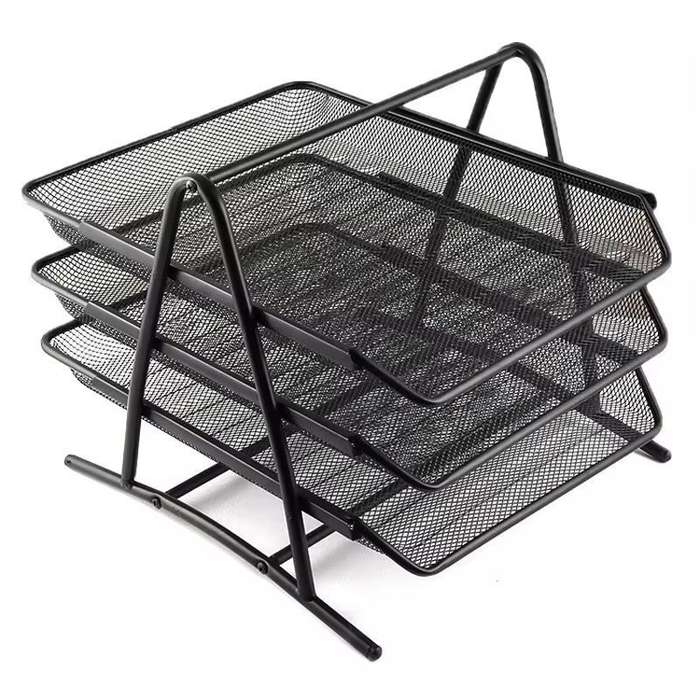 3 Tier Black Metal Mesh Stackable Desktop Document Letter Tray Organizer