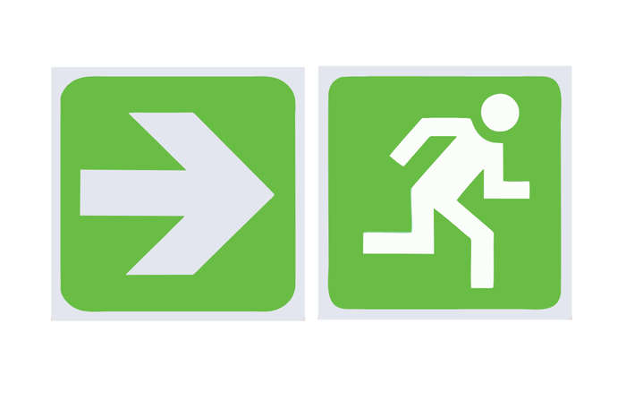 Escape Route Running Man (Right) and Directional Arrow (Right)Safety Signs - Pack of 2