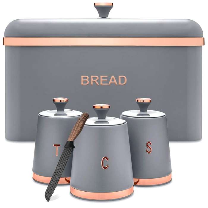 Bread Bin Storage Canisters (with Coffee/Sugar/Tea Canisters with FREE Bread Knife) - Grey