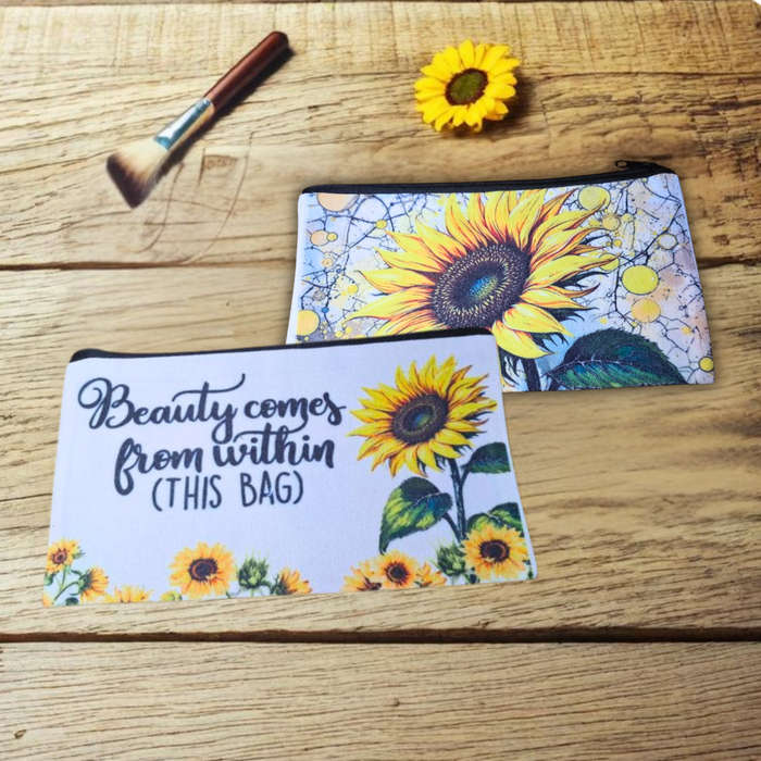 Sunflower Zipper Pouch  21x12 cm Canvas Makeup Bag with Uplifting Quote  Cosmetic, Travel &...