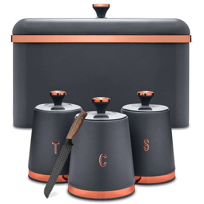 Bread Bin Storage Canisters (with Coffee/Sugar/Tea Canisters with FREE Bread Knife) - Black