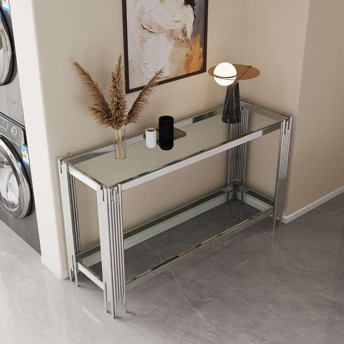 120cm x 40cm Modern Glass Console Table with Silver Metal Frame