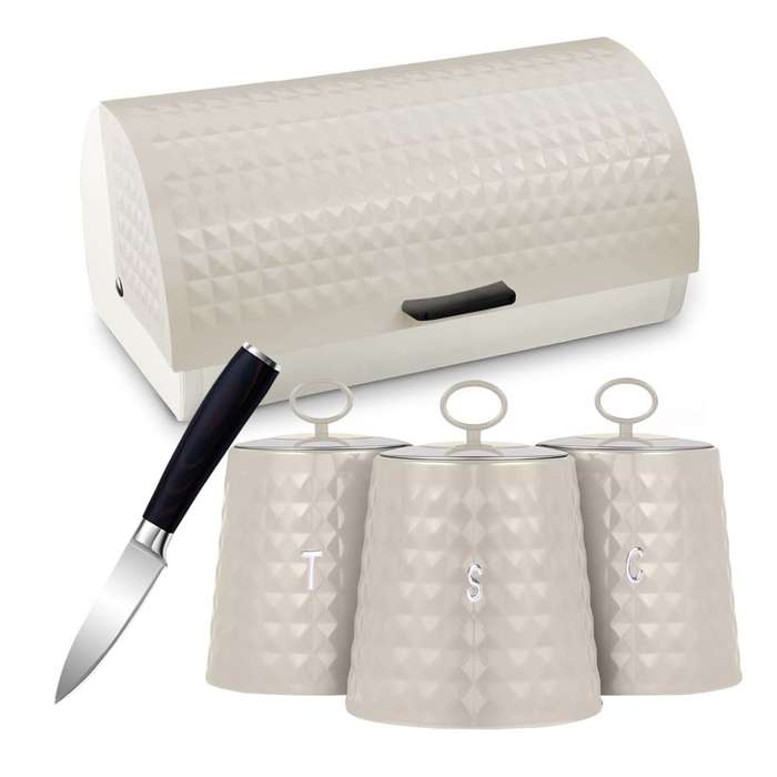 High Quality Bread Bin Canisters Kitchen Set With FREE Knife - Cream