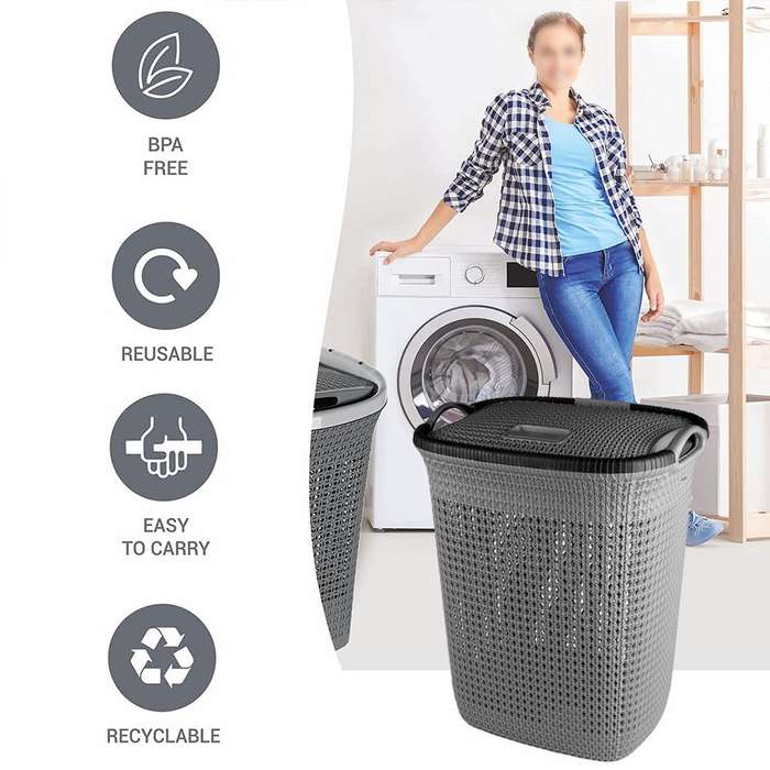 50L Large Laundry Basket with Lid -Grey