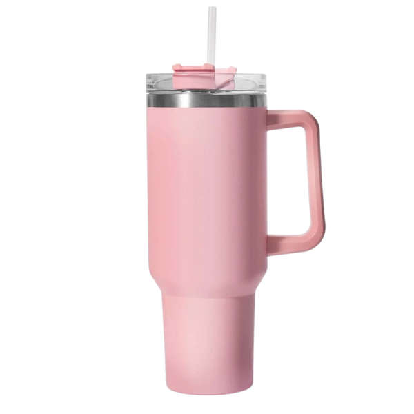 Double Wall Travel Mug Stainless Steel Vacuum Flask with Straw Hot/Cold - Light Pink