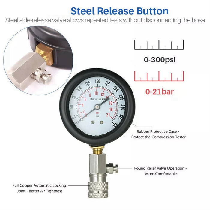 8 Piece Petrol Cylinder Compression Tester Kit