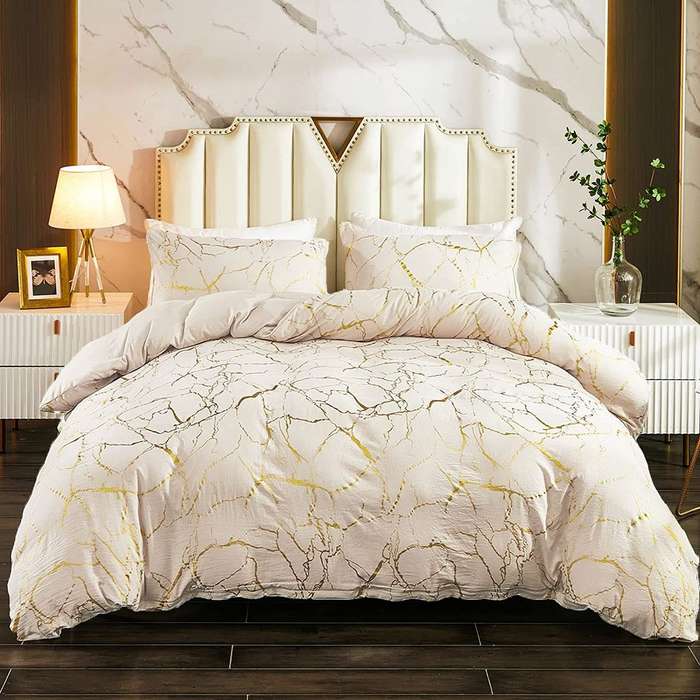 High Quality Metallic Marble Queen Size Comforter Gold Print Glitter - Cream White