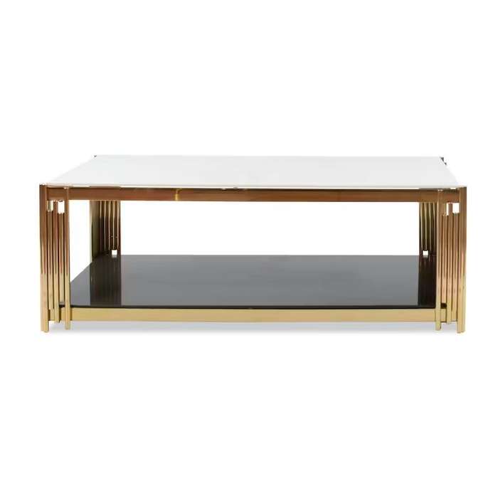 Gold Glass Top Coffee Table with Pipe Design Tubular Base