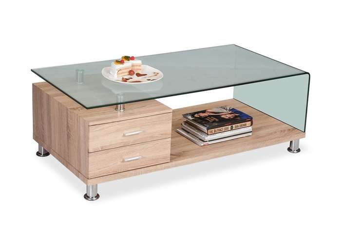 Coffee Tables with Drawers - Tempered Glass - Oak Wooden Colour