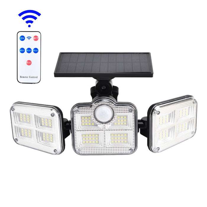 122 LED Solar Motion Sensor Outdoor Rotatable 3 Head Light with Remote 30W