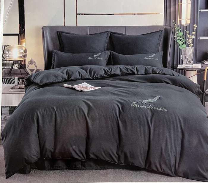 Cotton Plain Beautiful Feather Queen Duvet Cover - Dark Grey