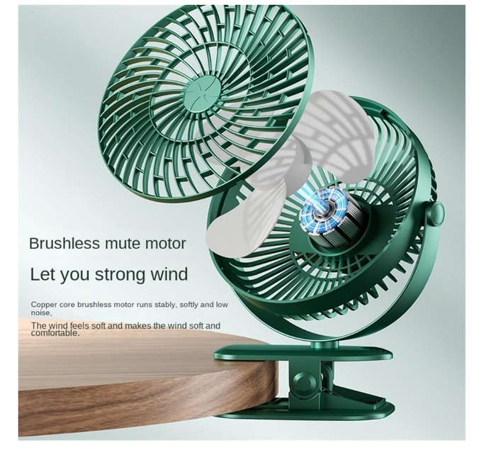 Electric Desktop Clip Fan 1200mAh 3 Gears Portable Quiet Office Camping