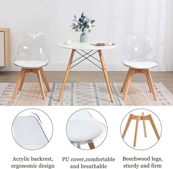 Modern transparent padded chairs with wooden legs-- White - 8 Pack