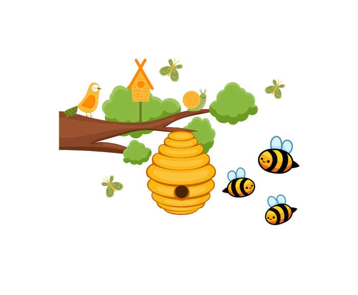 Tree and Honeycombe Wall Decal With Bees and Buterflies