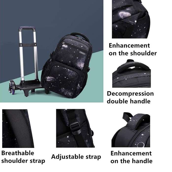 3 Piece Rolling Backpack Set Trolley Preschool Bags For Students - Black