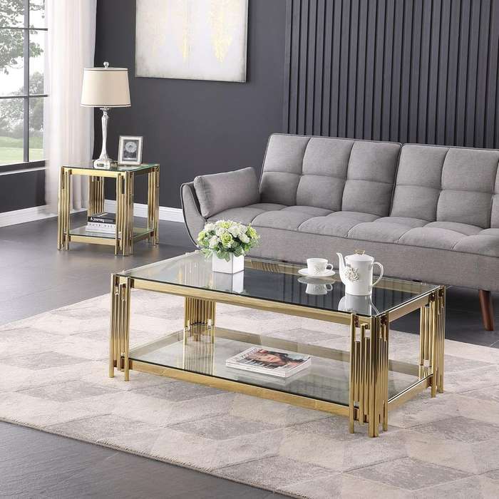Coffee Tables -Rectangular Tempered Glass Top with Steel Frame  - Gold Colour