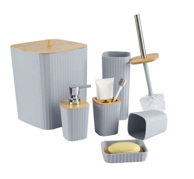 6 Piece Bathroom Set with Wooden Finish - Grey