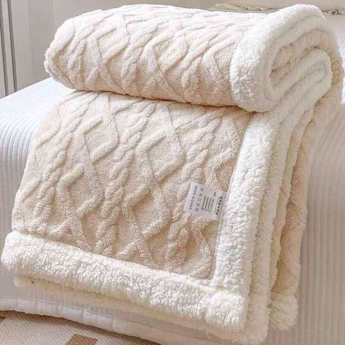 Polyester Geometric Fleece Blanket (all season) - Cream White