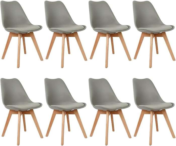 Modern and trendy padded chairs with wooden legs-8 Pack - Grey