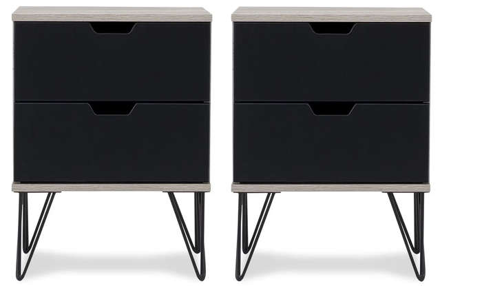2 Draw Pedestal Engineered Wood Bedside Table - 2 Pack-Black or White
