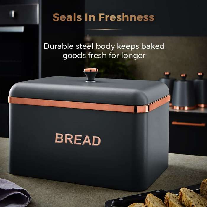 Bread Bin Storage Canisters (with Coffee/Sugar/Tea Canisters with FREE Bread Knife) - Black