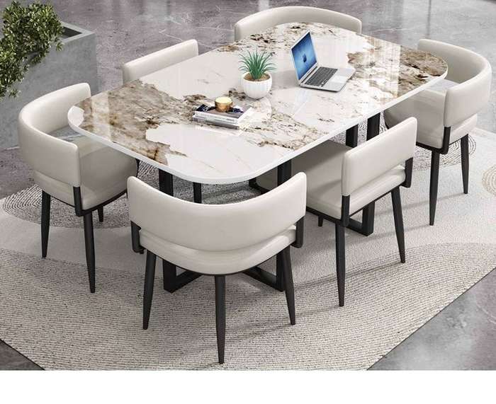 Marble-Finish Rectangular Dining Table Set with Padded Chairs