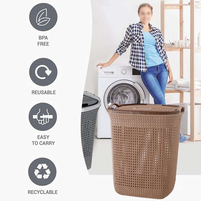 50L Large Laundry Basket with Lid - Ice-Cream Brown
