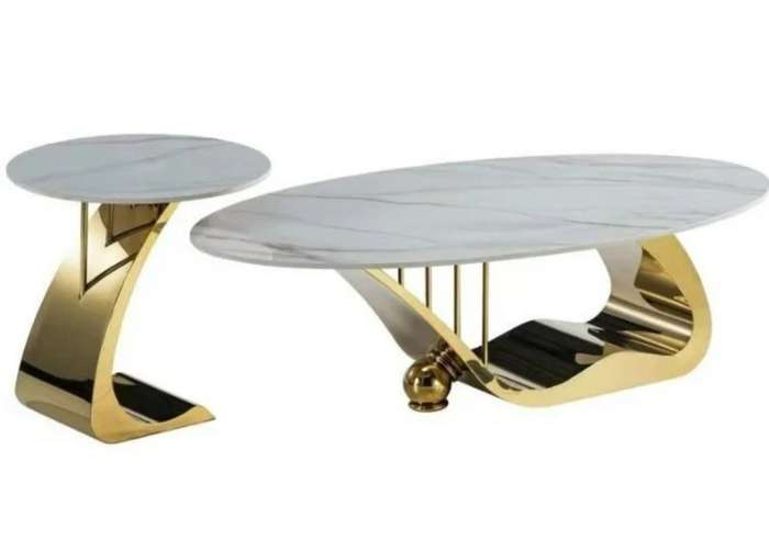 Luxury Modern Coffee Table Set - Marble Top and Gold Base - 2 Piece