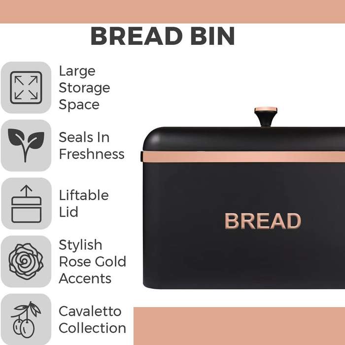 Bread Bin Storage Canisters (with Coffee/Sugar/Tea Canisters with FREE Bread Knife) - Black