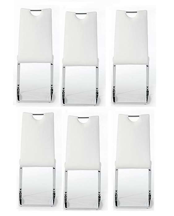 Faux Leather with Silver Metal Legs Dining Chairs - 6 Pack - White