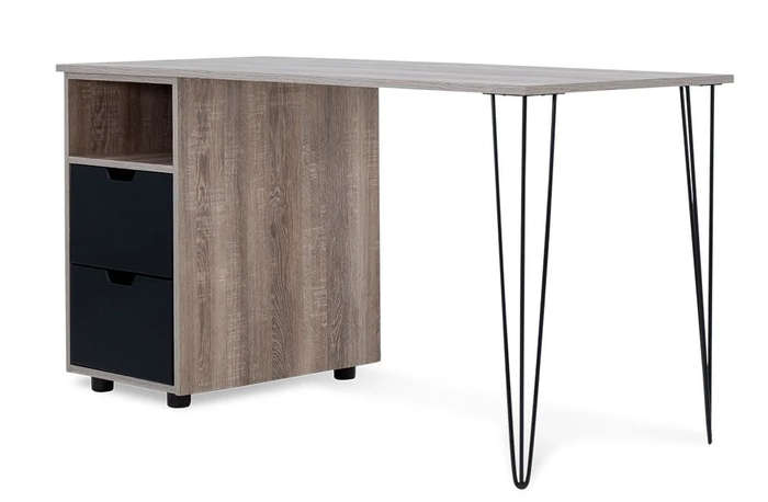 Office / Home Computer Desk with Two Drawers - - Oak (Nature Wood Grain ) / Black