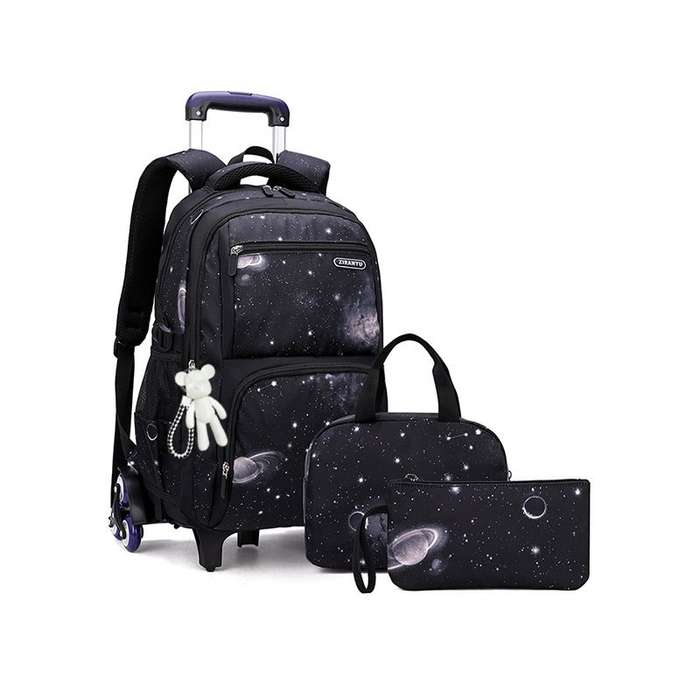 3 Piece Rolling Backpack Set Trolley Preschool Bags For Students - Black