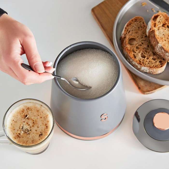 Bread Bin Storage Canisters (with Coffee/Sugar/Tea Canisters with FREE Bread Knife) - Grey