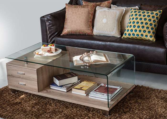 Coffee Tables with Drawers - Tempered Glass - Oak Wooden Colour
