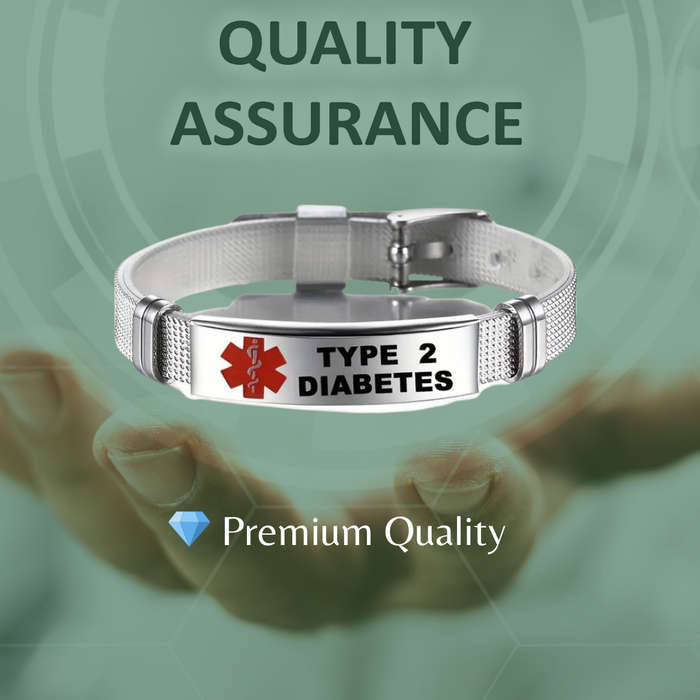 Stainless Steel Medical Alert Bracelet  Type 2 Diabetes | 23cm Adjustable Wristband with Silic...