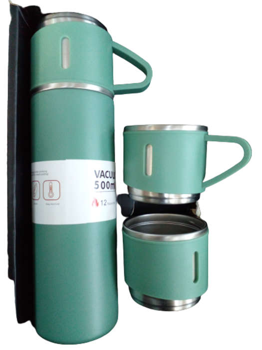 500ml Vacuum Thermos Flask With 3 Cups Set - Green
