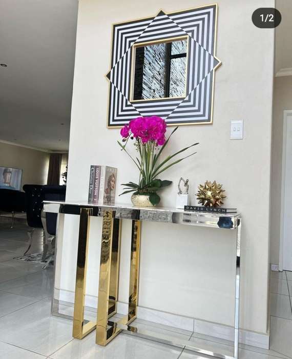 Modern plated metal and glass console table