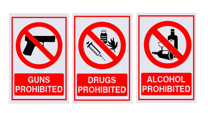 Pack of 3 ABS Safety Sign Boards: Guns, Alcohol, and Drugs Prohibited