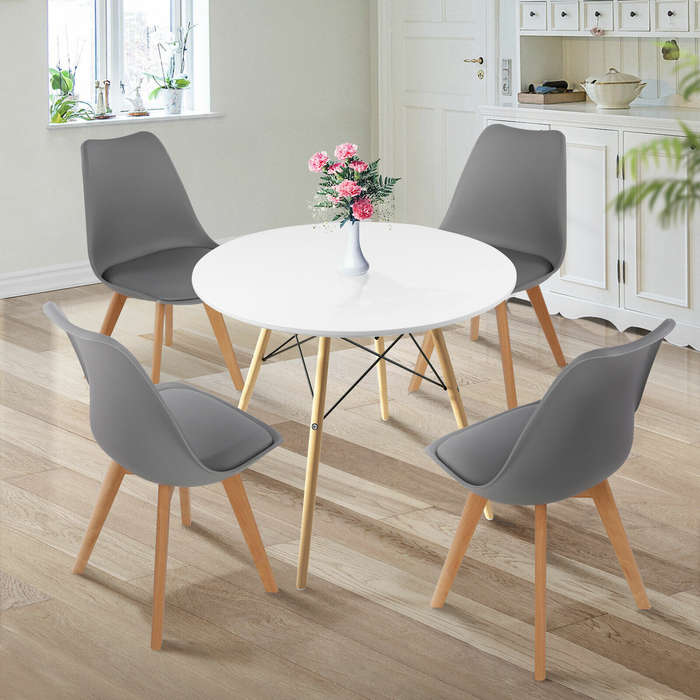 Dining Sets - Round Dining Table with Four Padded Chairs -Grey