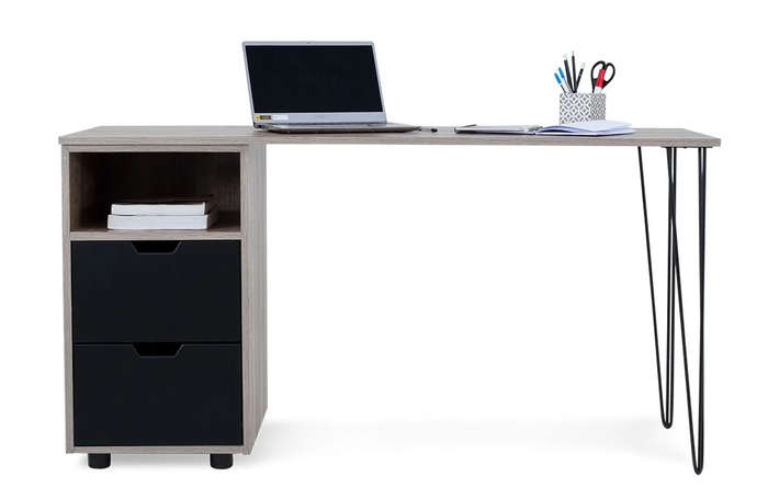 Office / Home Computer Desk with Two Drawers - - Oak (Nature Wood Grain ) / Black