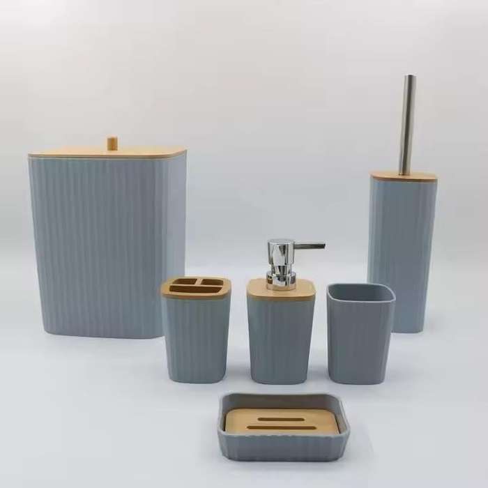 6 Piece Bathroom Set with Wooden Finish - Grey
