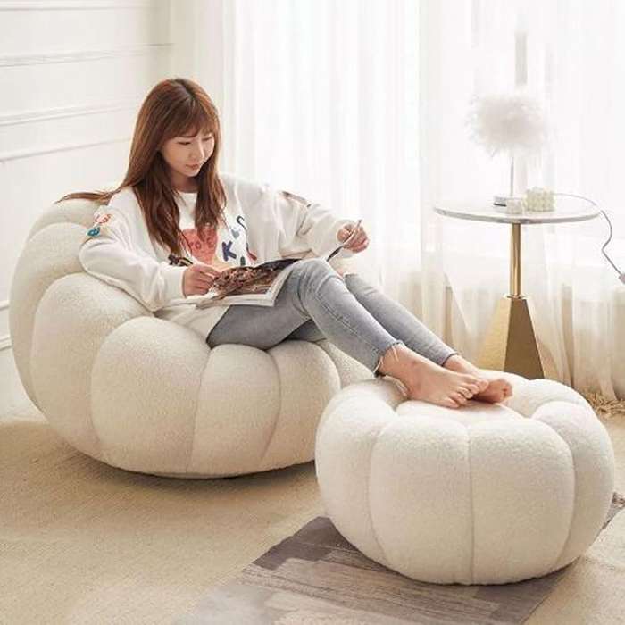 Modern Velvet pumpkin chair with matching ottoman - White