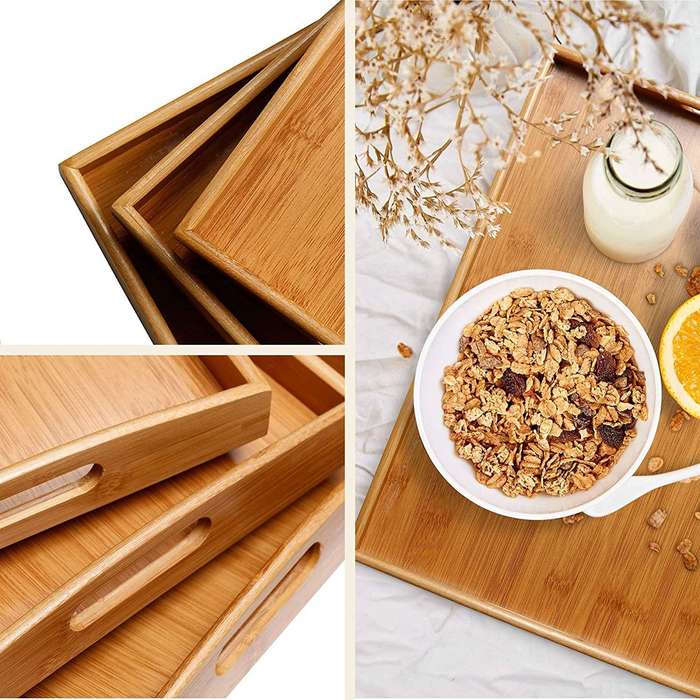 3 Piece Sturdy Rectangle Wooden Tray Set