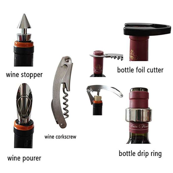 Wine Bottle Shaped Corkscrew & Accessory Gift Set - 5 Piece