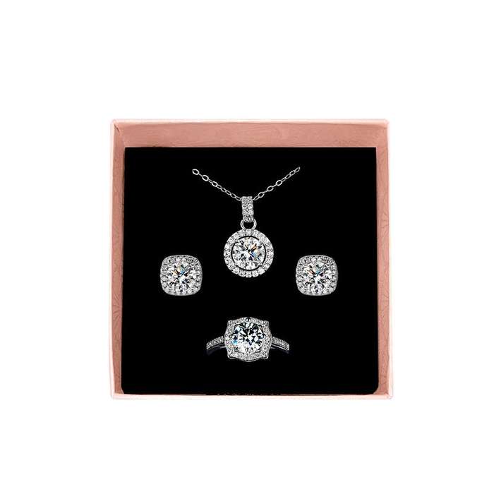 Zirconia Pendant Necklace Earrings Ring Set - Round